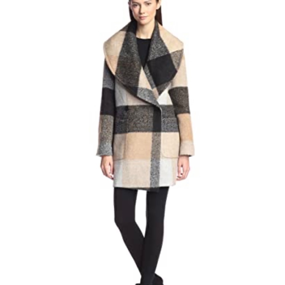 BADGLEY MISCHKAย 'Maxine' Plaid Longline Wool Coat, tan/black/white